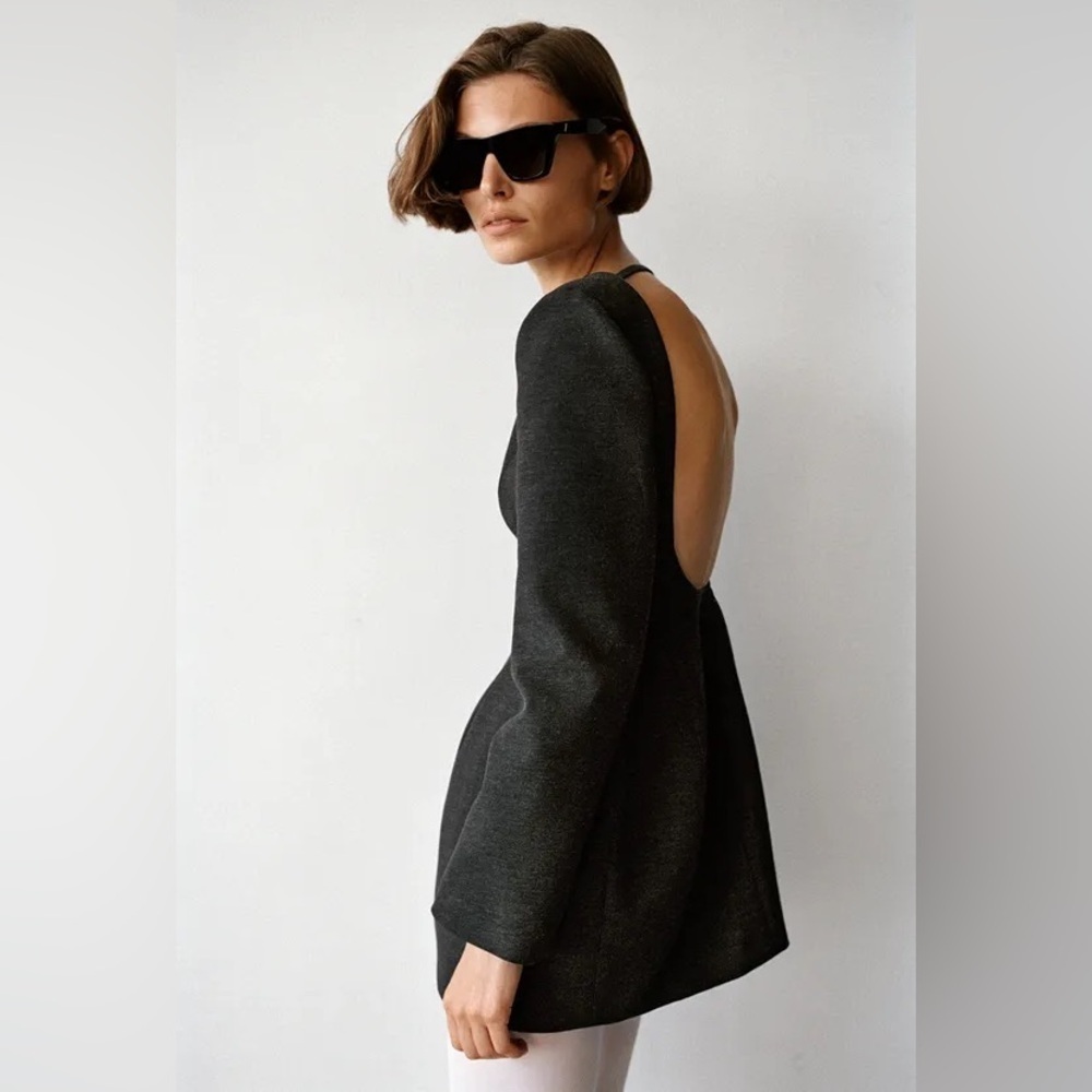 Zara NWOT Black Wool Blend Structured Mini Dress Long Sleeves Open Back, Size L